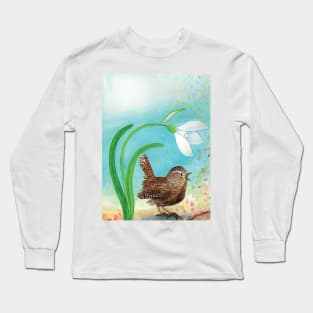 Wren Bird and Snowdrop Sing In the Spring Illustration Long Sleeve T-Shirt